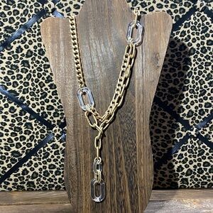 POSH Gold Tone Chain Statement Necklace w/Clear Lucite Links - Lariat Style
